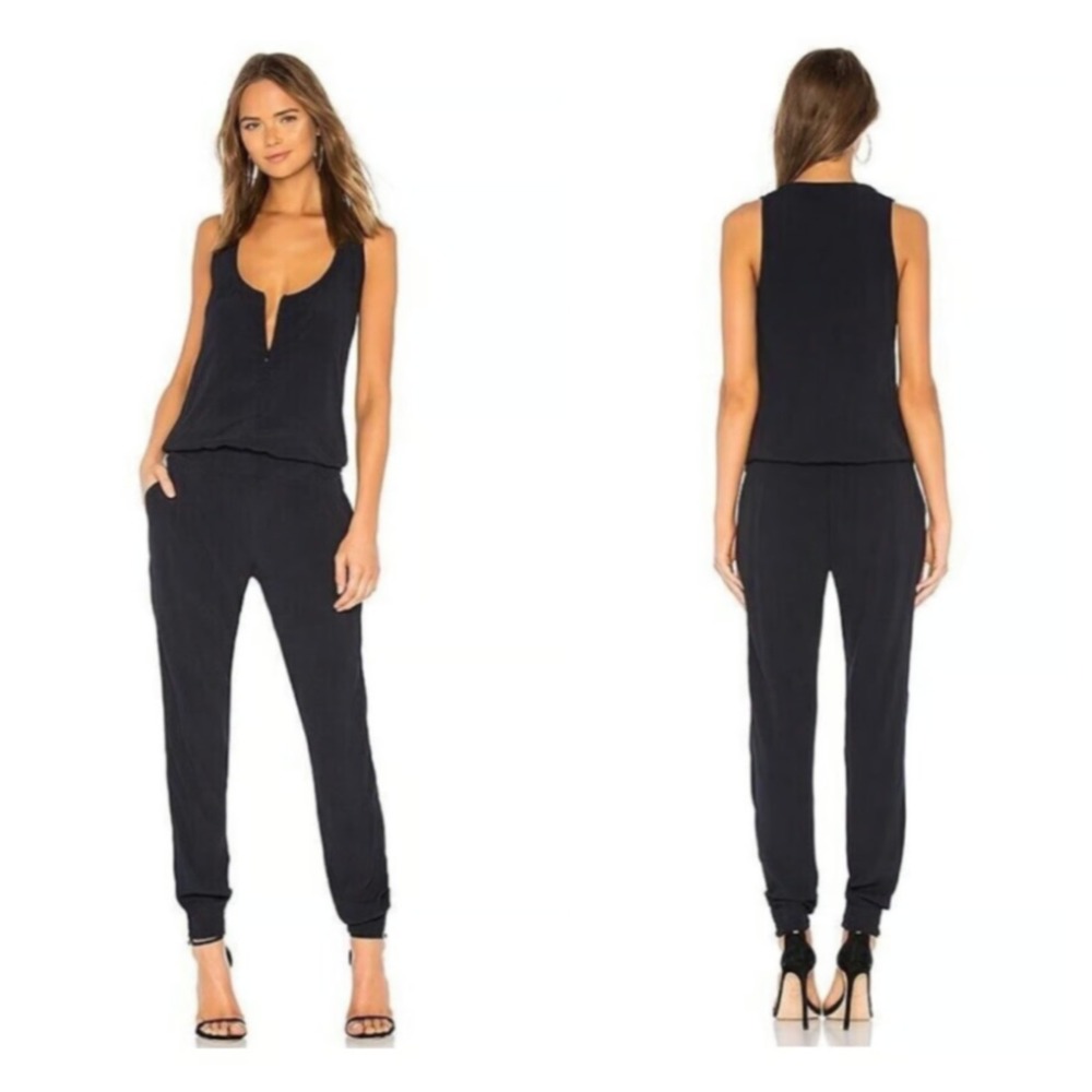 Monrow Crepe Jumpsuit Neptune Black Womens Small Pockets Casual Comfort‎ Lounge